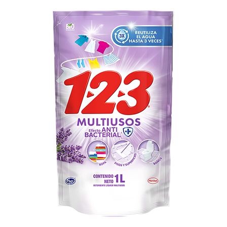 Detergente Liquido Multiusos 123 1Lt Antibacterial Lavanda Ac