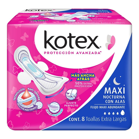 Toalla Femenina Kotex 8Pz Maxi Con Alas Nocturna Extra Largas