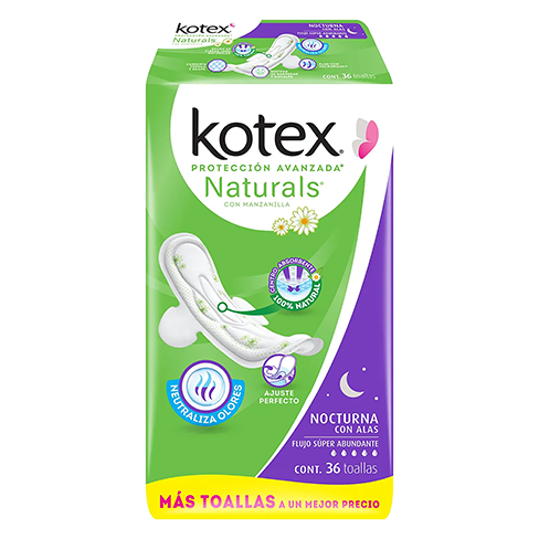 Toalla Femenina Kotex Naturals 36Pz Nocturna Con Alas