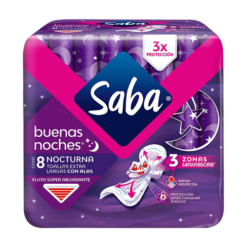 Toalla Femenina Saba 8Pz Con Alas Nocturna Extra Larga