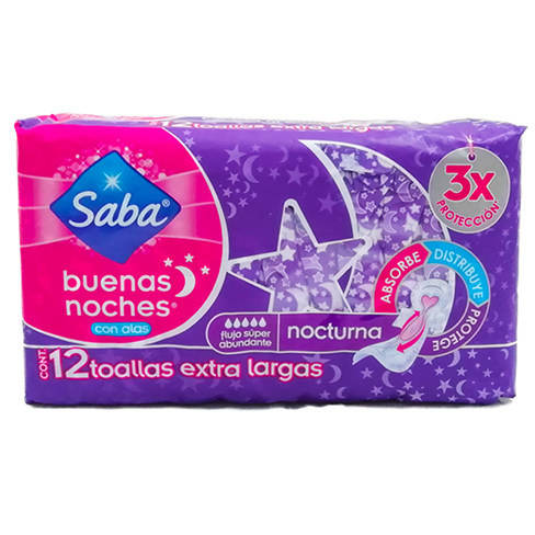 Toalla Femenina Saba 12Pz Con Alas Nocturna Extra Larga