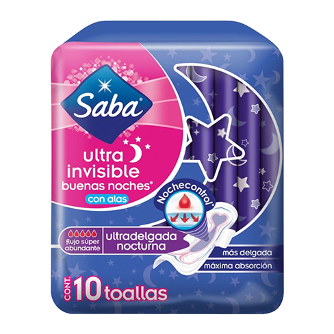 Toalla Femenina Saba Ultra Invisible 10Pz Con Alas Nocturna