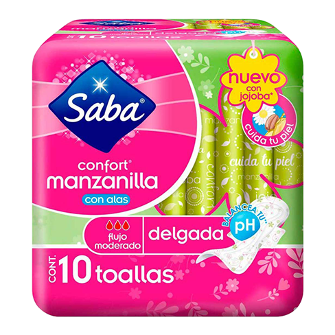 Toalla Femenina Saba 10Pz Con Alas Manzanilla Delgada