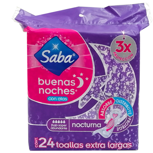 Toalla Femenina Saba 24Pz Con Alas Nocturna Extra Larga