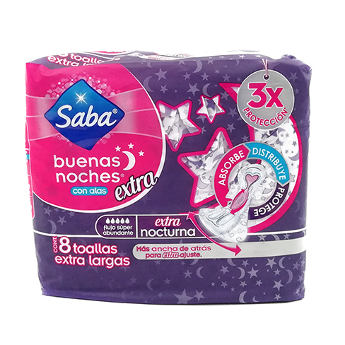 Toalla Femenina Saba 8Pz Con Alas Extra Larga